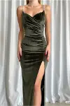 Kadın Esnek Kadife Kumaş V Yaka Yırtmaçlı Abiye Elbise-2