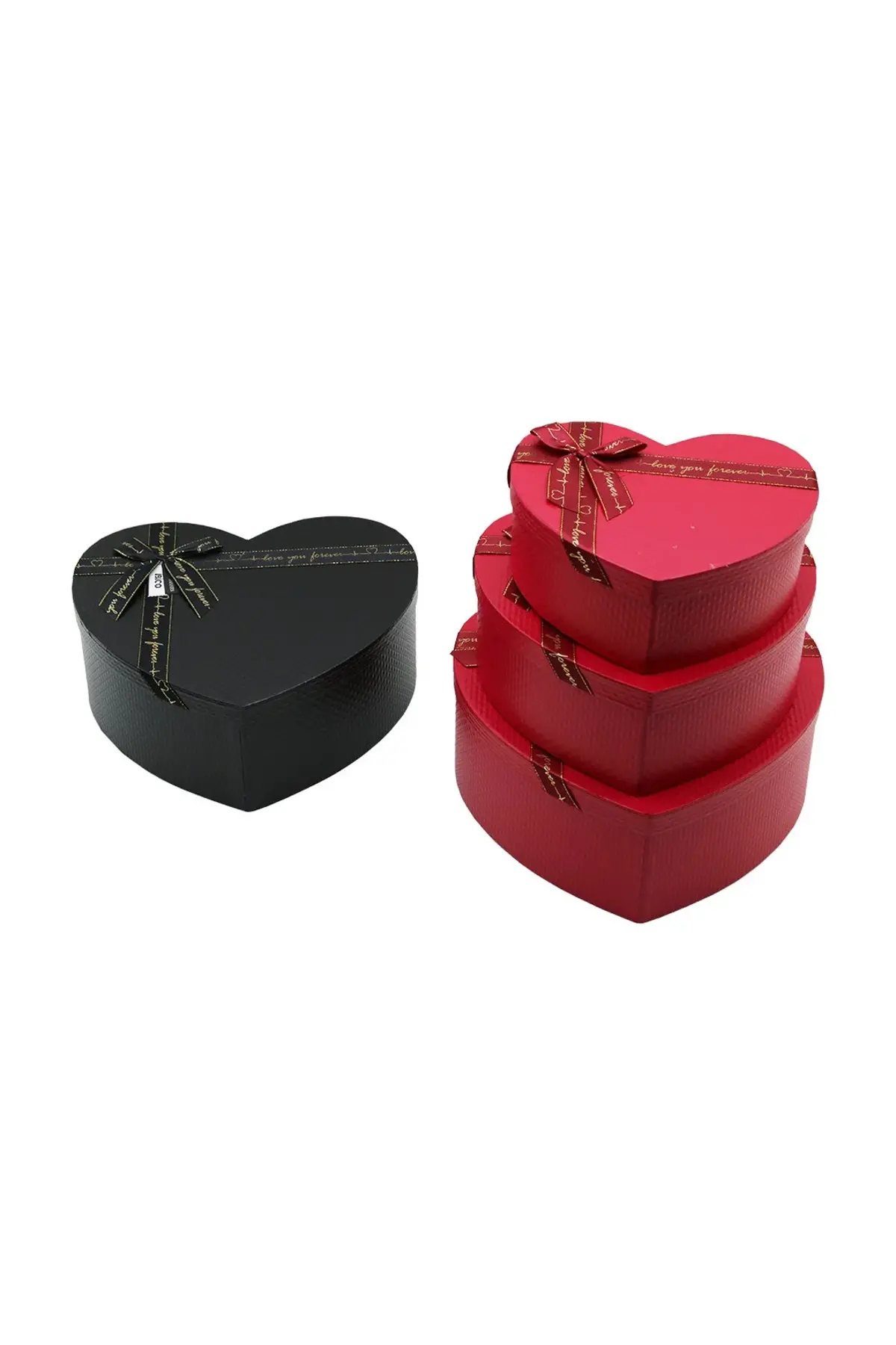 3PCS Kalp Mat Mix Renkli - Kabartma Desen Karton Hediye Kutusu Kurdelalı 31X28-27X24-23X20CM