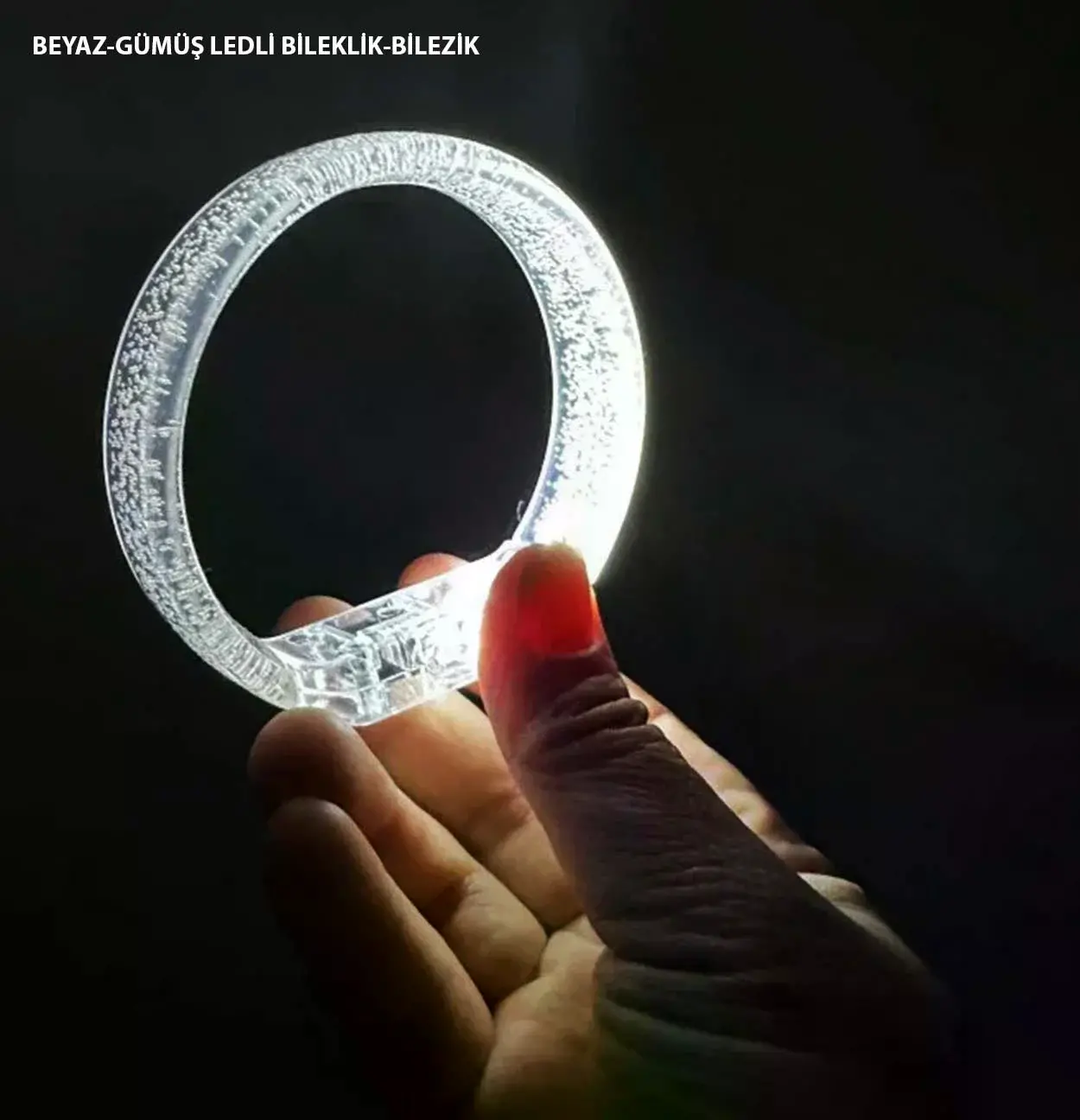 Beyaz-Gümüş Led Işıklı Baskı Yapılabilen Pilli Bileklik Bilezik 1,5 cm Genişlik