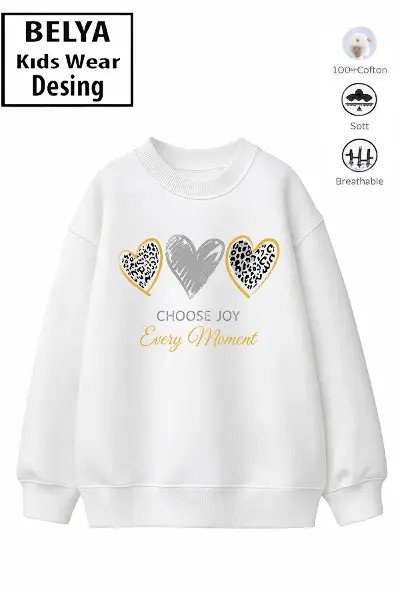 Trend Çocuk Kız Model Tam Kalıp Oversize Kalp Tasarım 2 İplik Pamuğa Pamuk Kumaş Sweatshirt 56