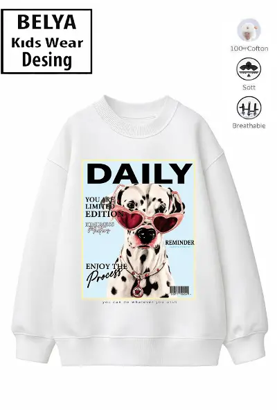 Trend Çocuk Kız Model Tam Kalıp Oversize Sevimli Köpek Tasarım 2 İplik Pamuğa Pamuk Kumaş Sweatshirt