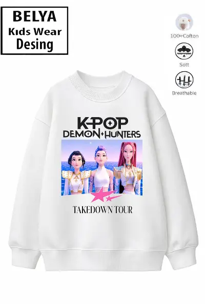 Trend Çocuk Kız Model Tam Kalıp Oversize Hun Tasarım 2 İplik Pamuğa Pamuk Kumaş Sweatshirt 55