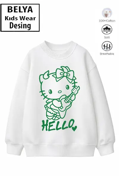 Trend Çocuk Kız Model Tam Kalıp Oversize Sevimli Hello Tasarım 2 İplik Pamuğa Pamuk Kumaş Sweatshirt