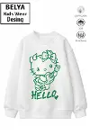 Trend Çocuk Kız Model Tam Kalıp Oversize Sevimli Hello Tasarım 2 İplik Pamuğa Pamuk Kumaş Sweatshirt-1