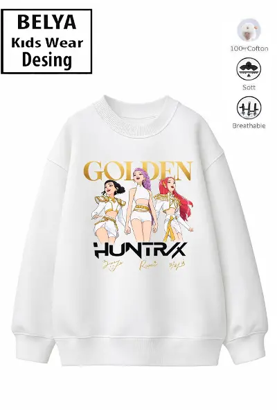 Trend Çocuk Kız Model Tam Kalıp Oversize Golden Hun Tasarım 2 İplik Pamuğa Pamuk Kumaş Sweatshirt 67