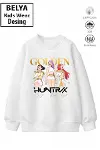 Trend Çocuk Kız Model Tam Kalıp Oversize Golden Hun Tasarım 2 İplik Pamuğa Pamuk Kumaş Sweatshirt 67-1