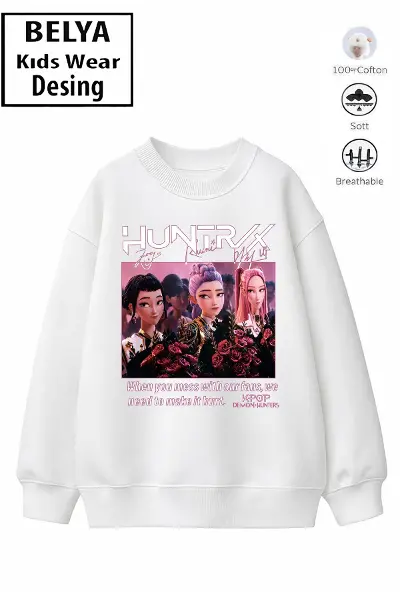 Trend Çocuk Kız Model Tam Kalıp Oversize Hun Tasarım 2 İplik Pamuğa Pamuk Kumaş Sweatshirt 68