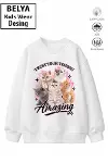 Trend Çocuk Kız Model Tam Kalıp Oversize Sevimli Kediler Tasarım 2 İplik Pamuğa Pamuk Kumaş Sweatshi-1