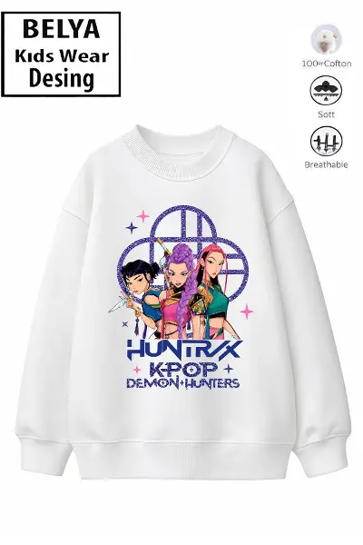Trend Çocuk Kız Model Tam Kalıp Oversize Hun Tasarım 2 İplik Pamuğa Pamuk Kumaş Sweatshirt 64
