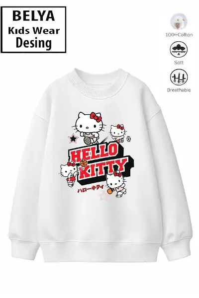 Trend Çocuk Kız Model Tam Kalıp Oversize Hello Kit Tasarım 2 İplik Pamuğa Pamuk Kumaş Sweatshirt 62
