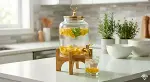 Geyik Figürlü Gold Lüks Cam İçecek Sebili - 3.6 Litre Bambu Standlı Meyve Suyu Kovası-3