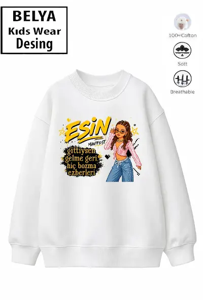 Trend Çocuk Kız Model Tam Kalıp Oversize Manifest Esin Tasarım 2 İplik Pamuğa Pamuk Kumaş Sweatshirt