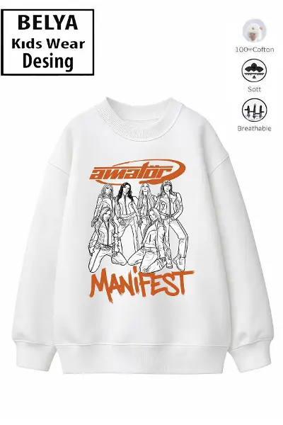 Trend Çocuk Kız Model Tam Kalıp Oversize Manifest Tasarım 2 İplik Pamuğa Pamuk Kumaş Sweatshirt 71