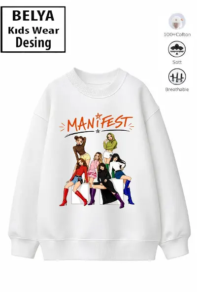 Trend Çocuk Kız Model Tam Kalıp Oversize Manifest Tasarım 2 İplik Pamuğa Pamuk Kumaş Sweatshirt 76