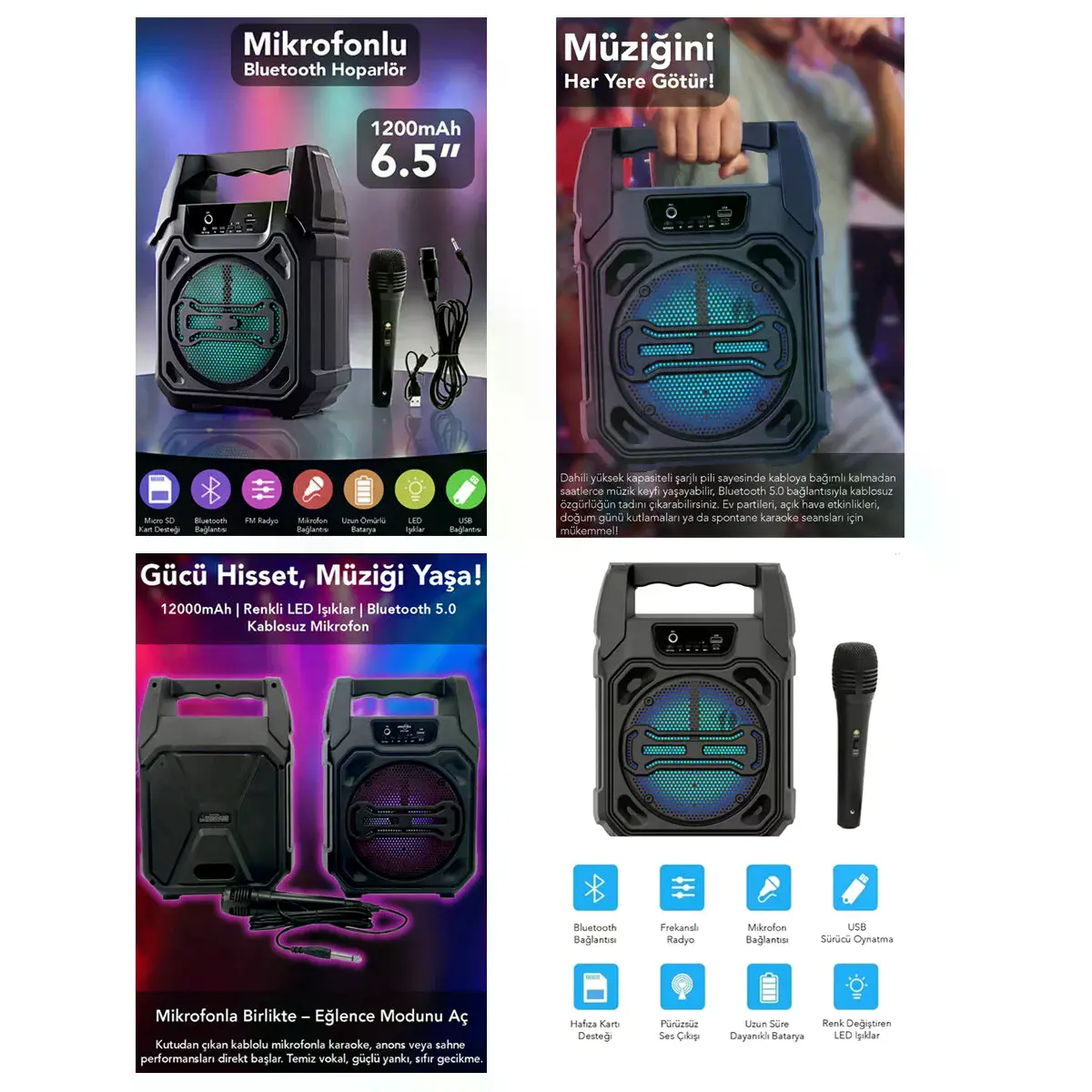 6.5 Inc Bluetooth Wireless krofonlu Hoparlör - Speaker Usb Sarjlı Aux - Tf - Usb PS-1283