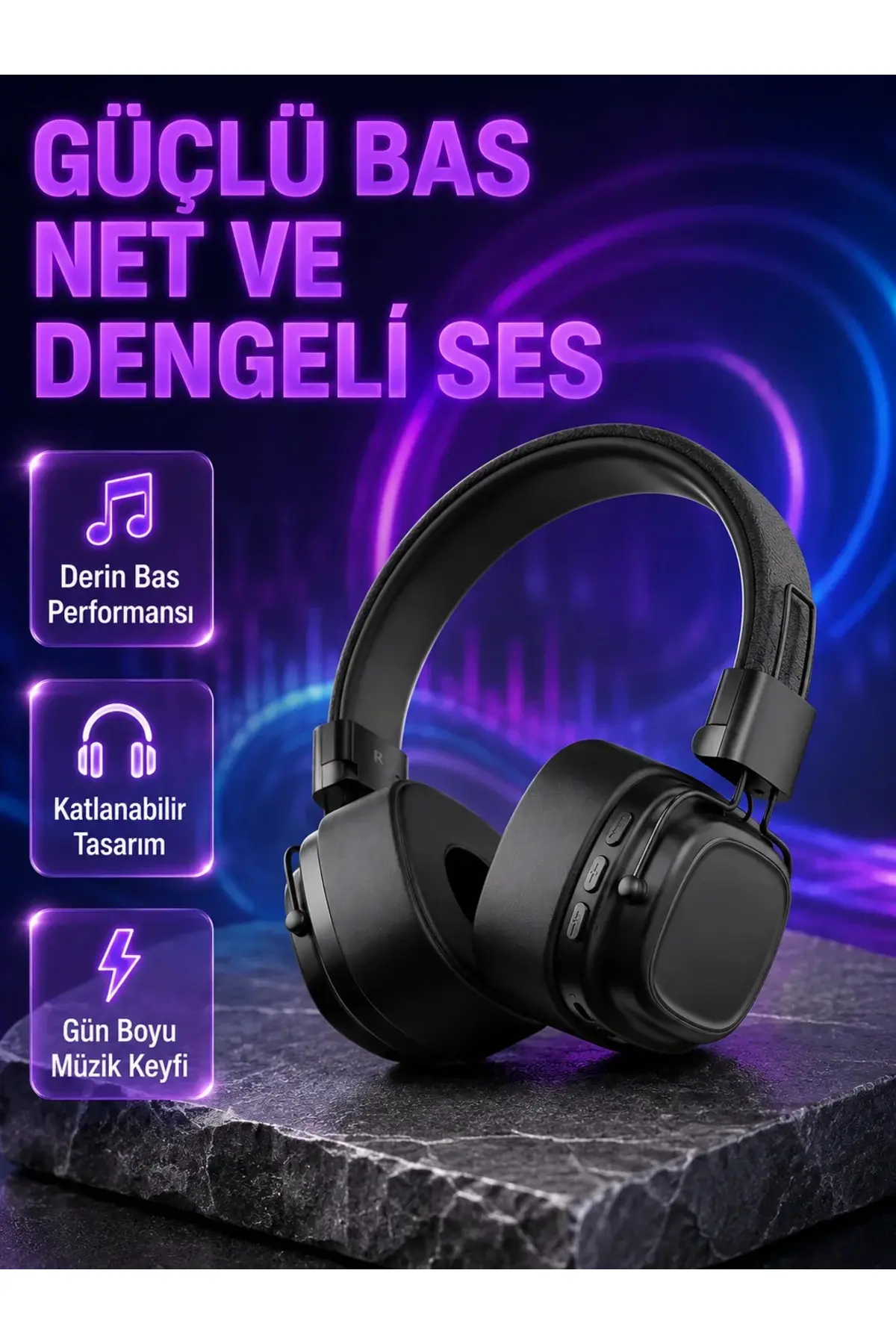 Kablosuz Kulak Üstü Bluetooth Kulaklık Güçlü Bas ve Katlanabilir Tasarım