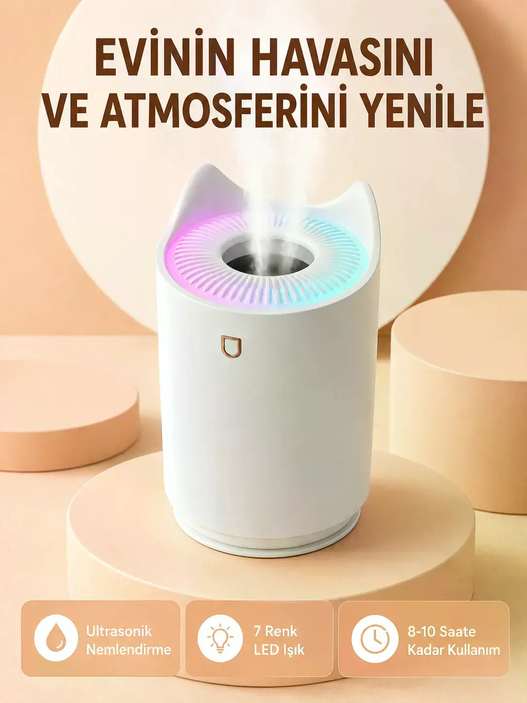 Hava Nemlendirici Buhar Makinesi Aromaterapi LED Işıklı Oda Nemlendirici