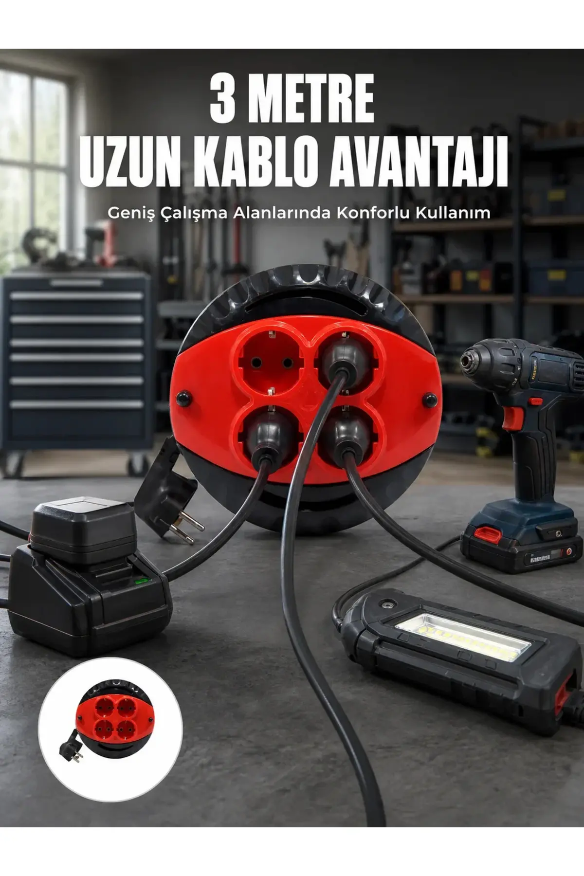 3 Metre Kablolu 4’lü Kırmızı Priz Makara