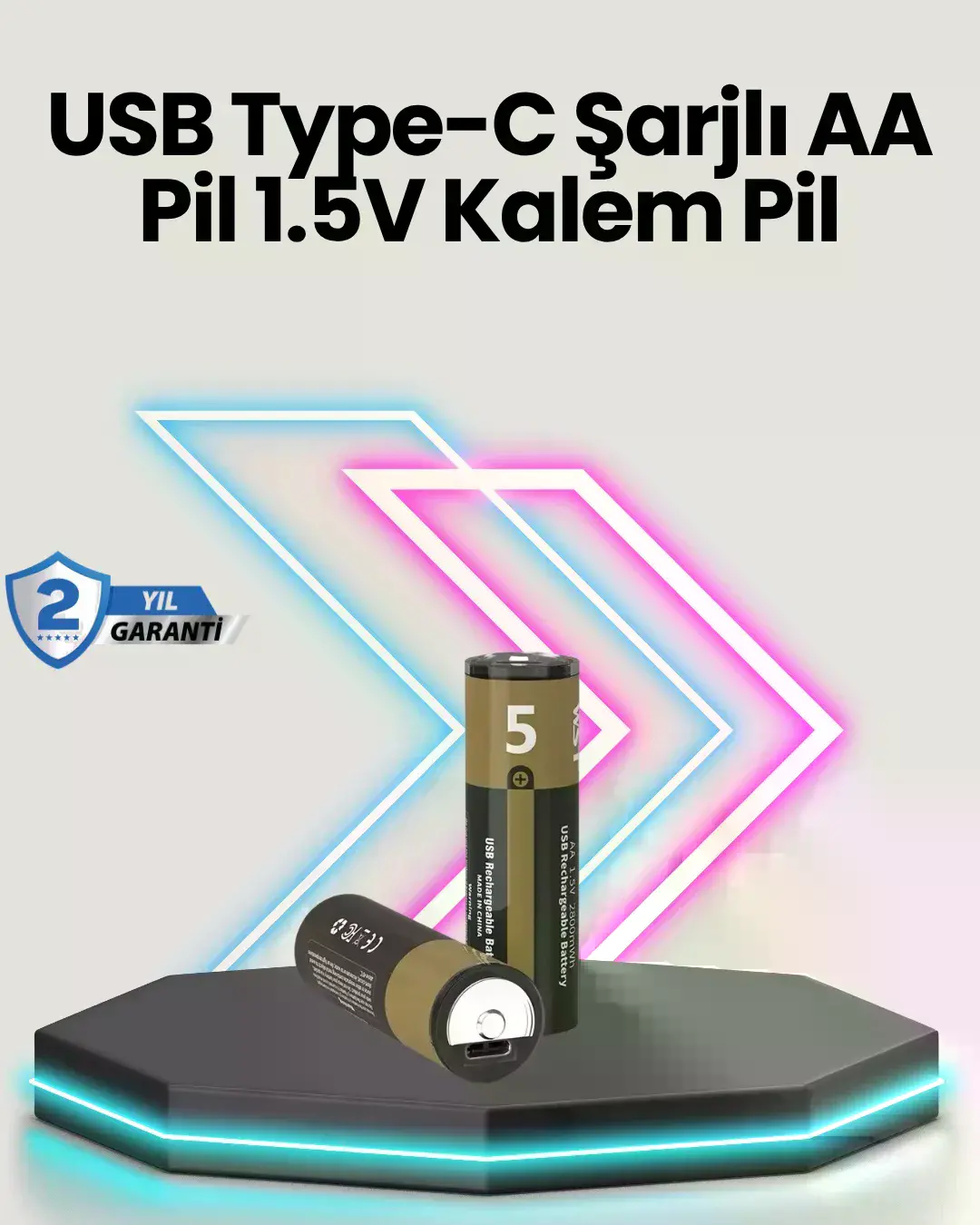 Yüksek Performanslı AA USB Şarjlı Lityum Pil | 1.5V Sabit Güç | 2’li Paket