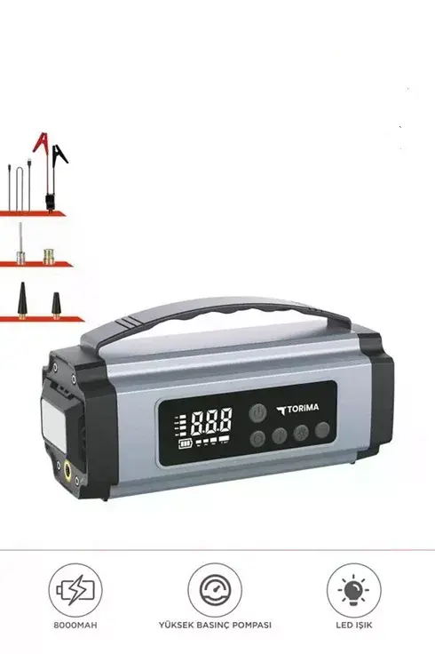 Taşnabilir Dijital Ekranlı Araç Akü Takviyeli Işıklı Oto Marş Hava Kompresörü