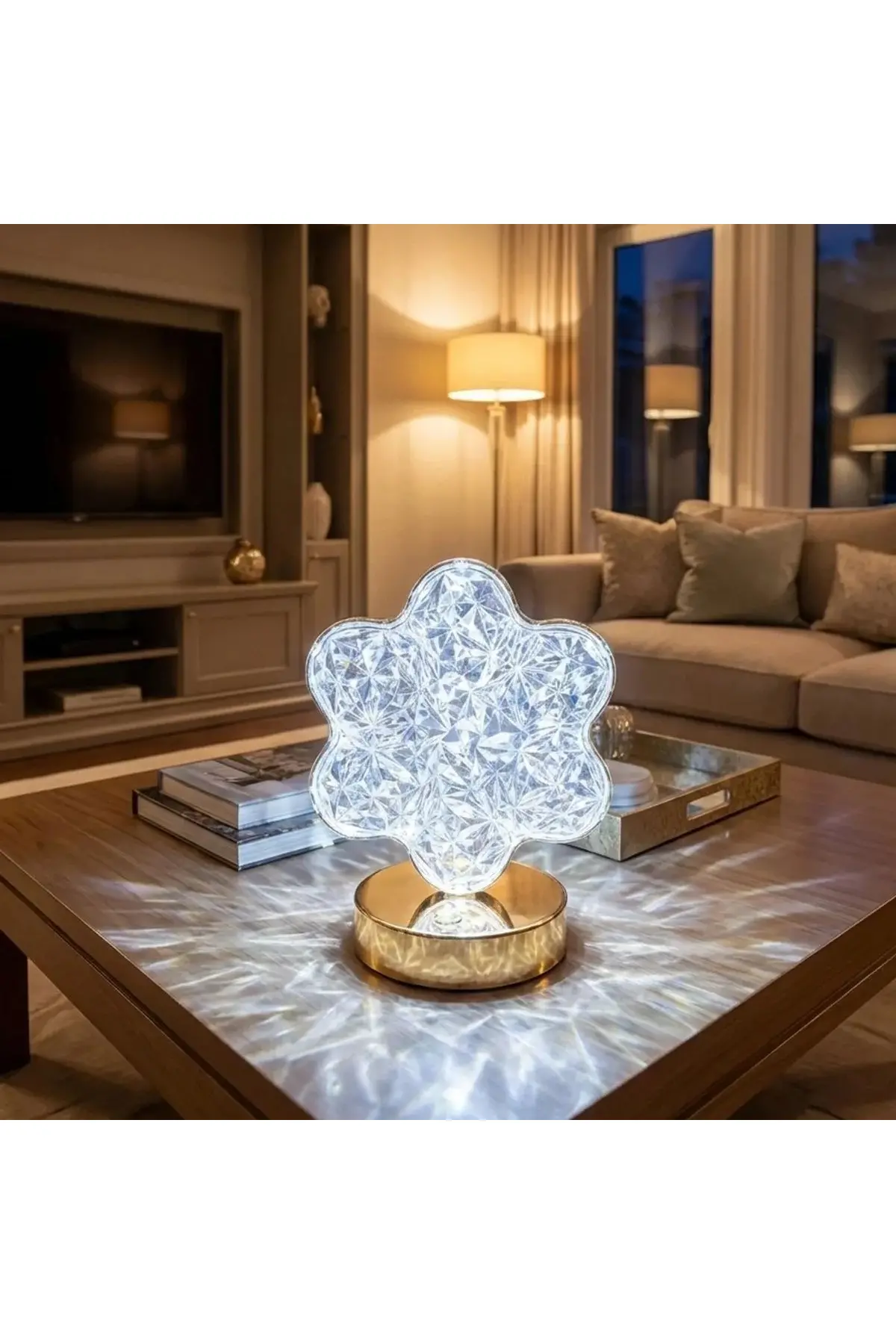 Çiçek Model Kristal LED Masa Lambası – Dokunmatik, 3 Renk Işık Modlu, Şarjlı Mini Dekoratif Gece Lam