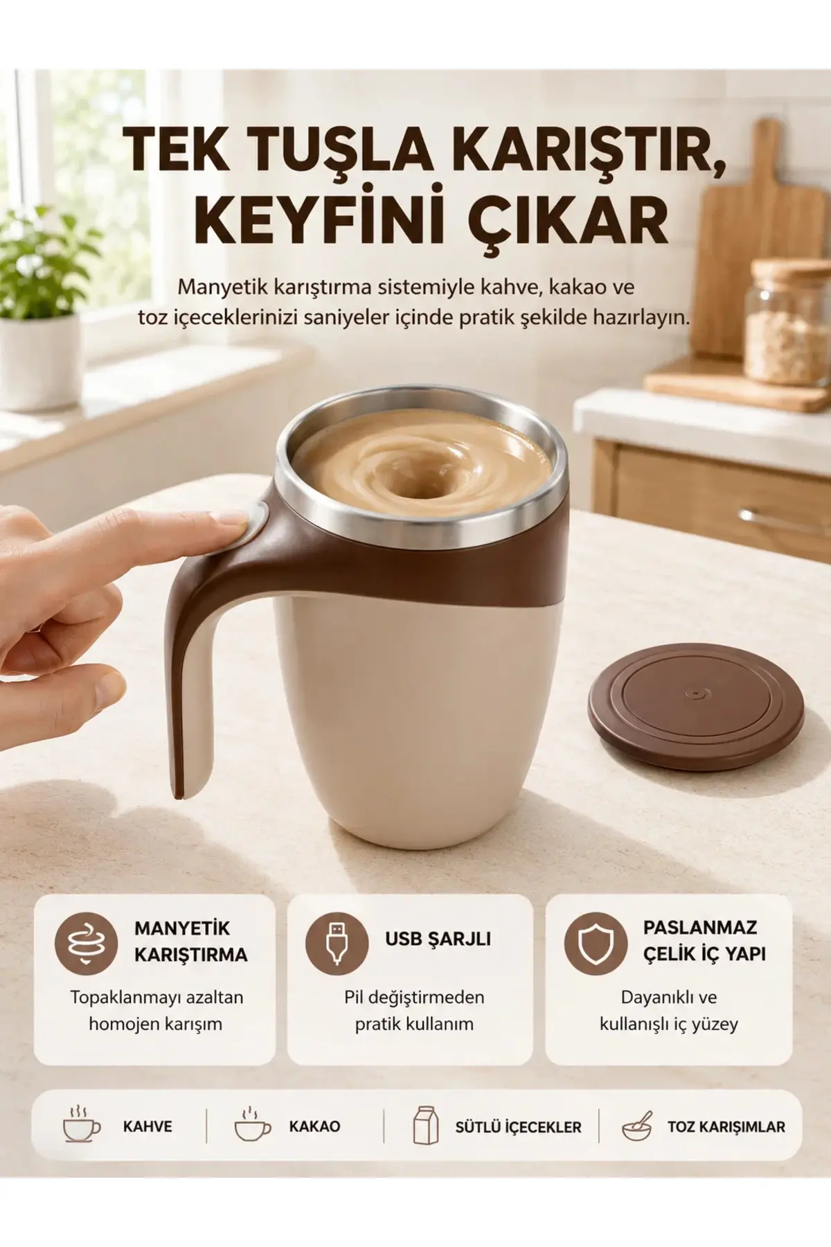Manyetik Karıştırıcı Kupa USB Şarjlı Otomatik Karıştırma Çift Katmanlı