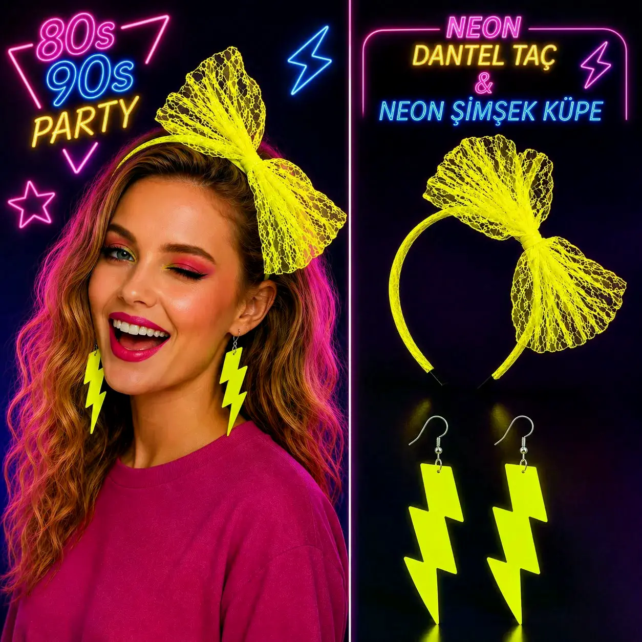 Neon Sarı Dantel Taç Ve Şimşek Küpe 8039ler 9039lar Parti Seti