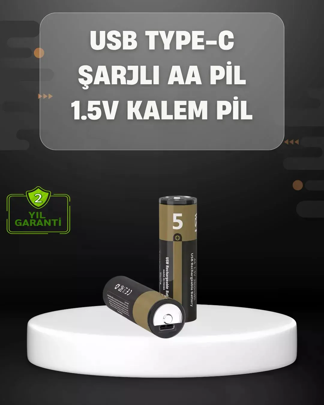 USB Type-C Girişli Şarjlı AA Lityum Pil | 1.5V Sabit Çıkış | 3200mWh (2'li Paket)