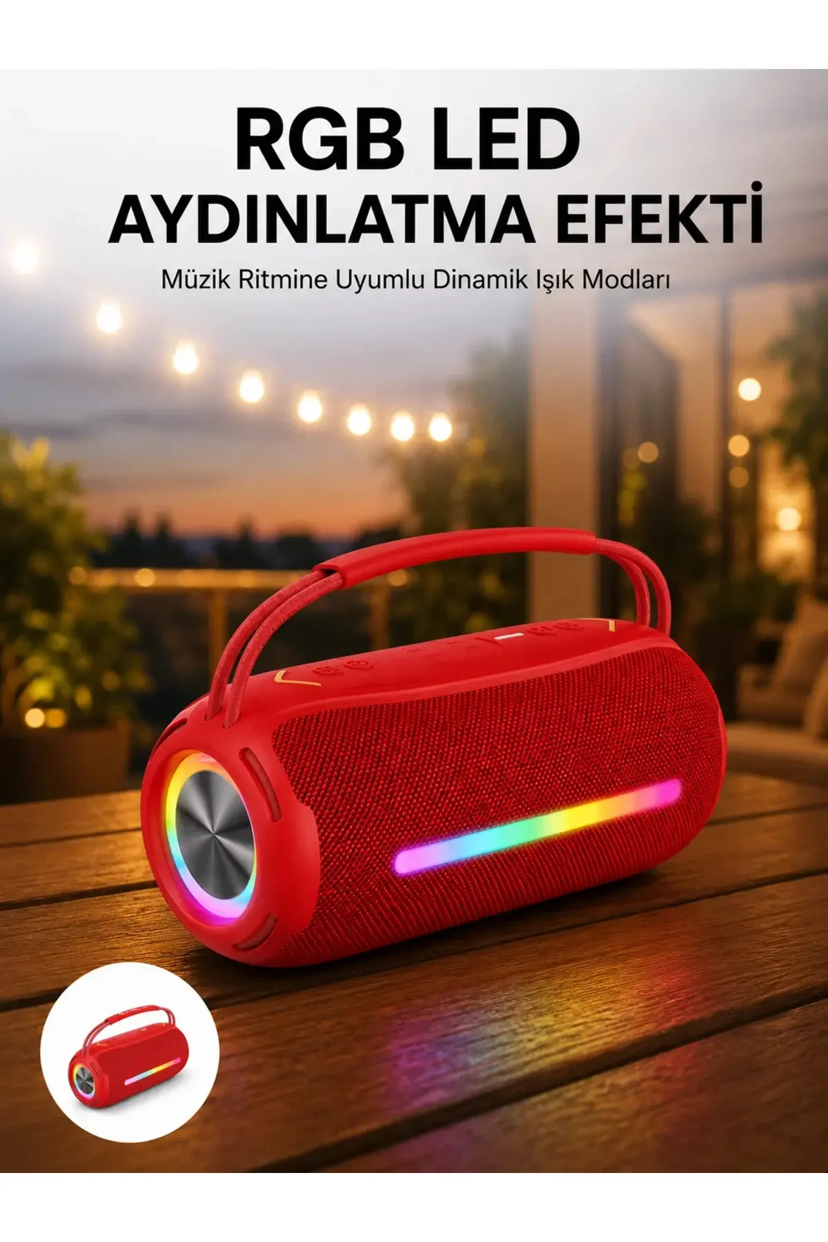 360 RGB LED'li Taşınabilir Bluetooth Hoparlör – Kırmızı, USB/TF Destekli