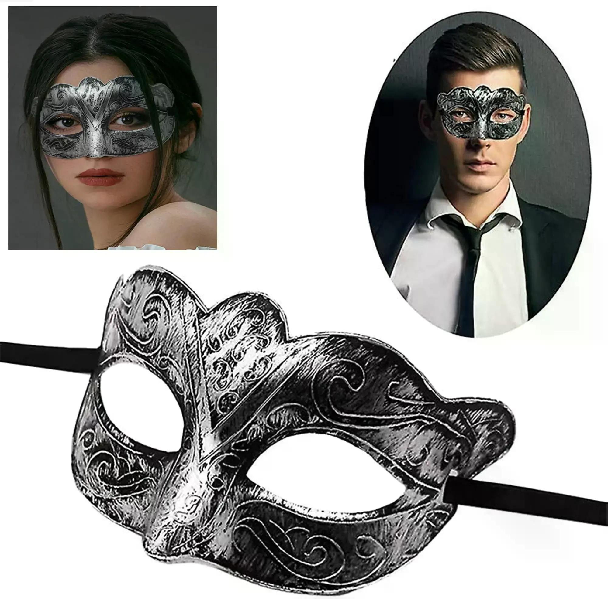 Maskeli Balo Antik Gri Gümüş Eskitilş Maske Balo Venedik