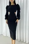 Kadın Krep Kumaş Degaje Yaka Yırtmaçlı Midi Abiye Elbise-5