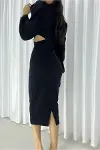 Kadın Krep Kumaş Degaje Yaka Yırtmaçlı Midi Abiye Elbise-6