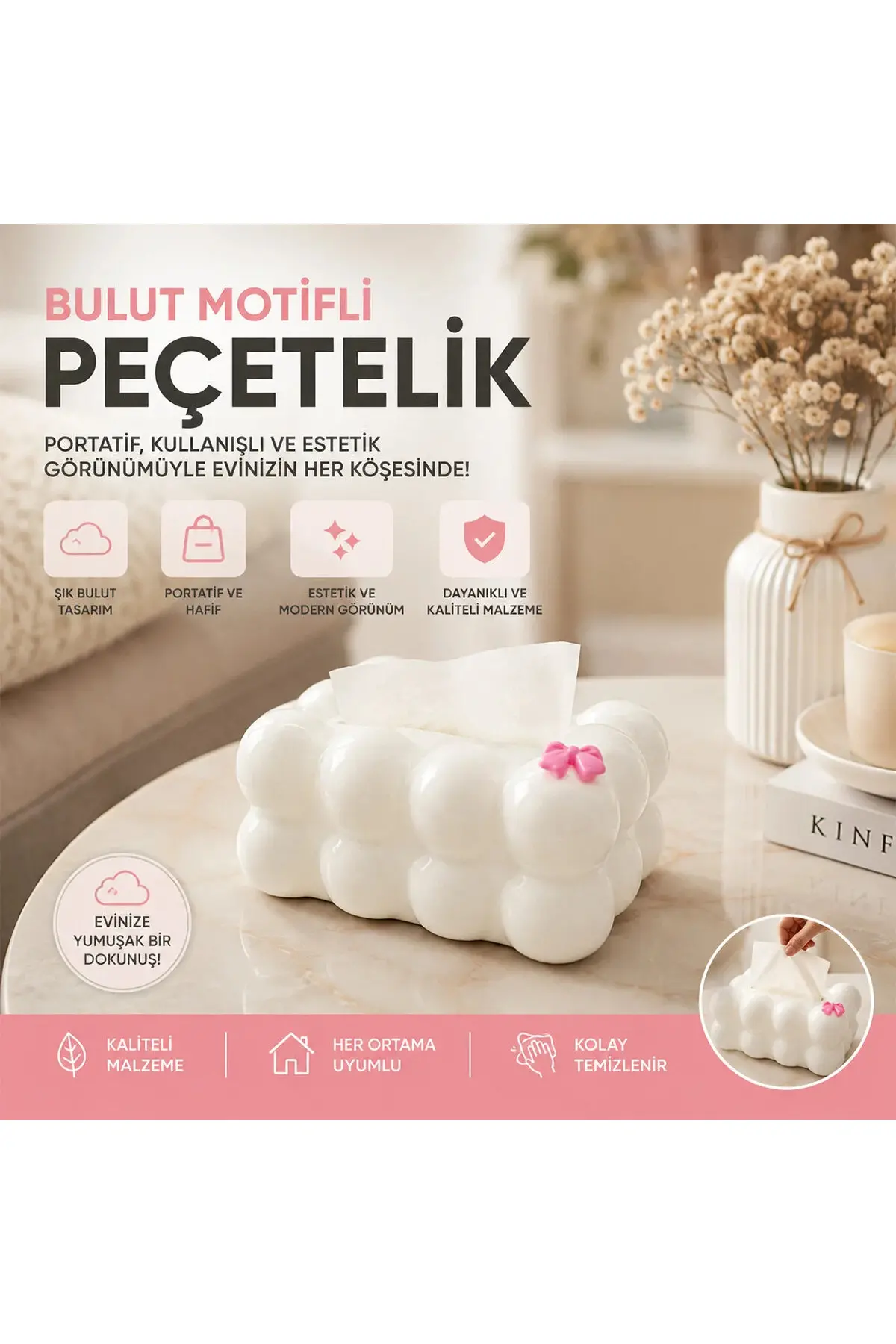 19X12.5X8.5CM Beyaz Yaylı Masaüstü Bubble Dekoratif Bulut Peçetelik