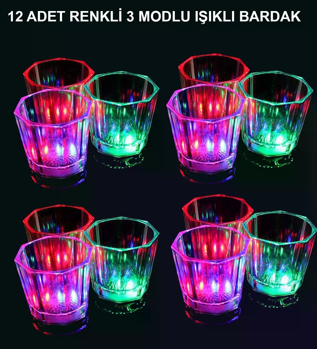 Led Işıklı Eğlence Bardakları - 3 Modlu Renk Değiştiren Bardak 12 Adet