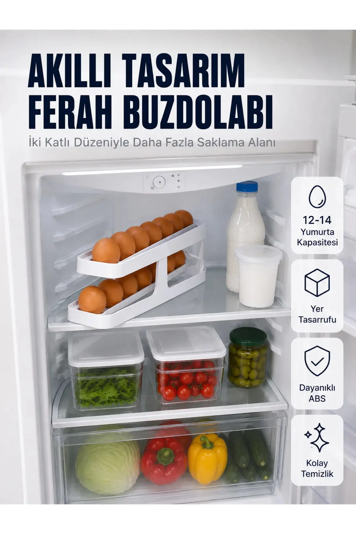 Buzdolabı Yumurta Düzenleyici İki Katlı Kayar Raylı Yumurta Organizeri