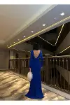 Kadın Günlük Krep Degaje Yaka Uzun Kol Balık Kesim Abiye Elbise-3