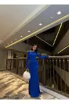 Kadın Günlük Krep Degaje Yaka Uzun Kol Balık Kesim Abiye Elbise-1