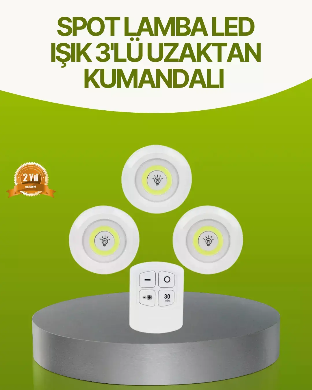 Uzaktan Kumandalı 3 Lü Kablosuz Led Spot Lamba Seti Yapışkanlı Pratik Kullanım