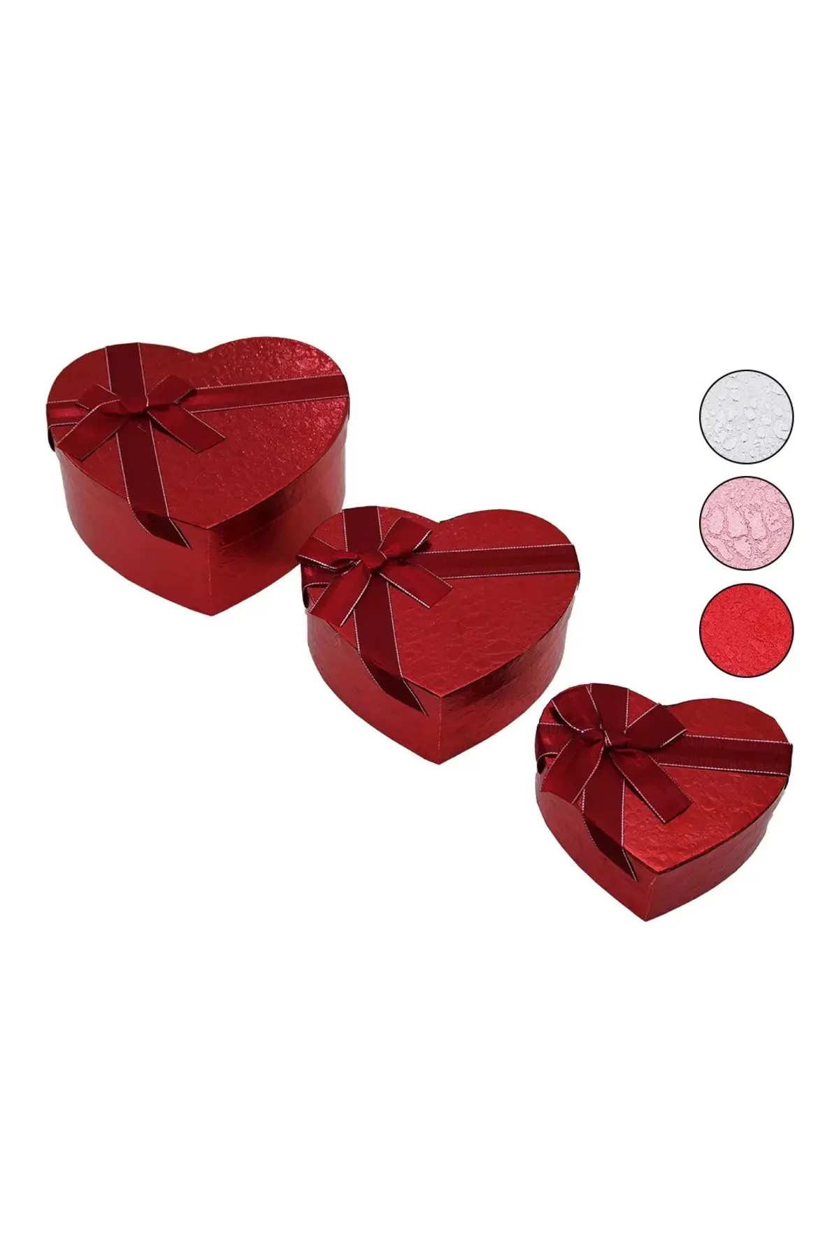 3PCS Kalp Parlak Renkli - Kabartma Desen Karton Hediye Kutusu Kurdelalı 15-18-21CM