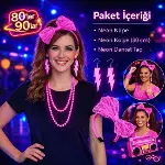 80’ler 90’lar Neon Pembe Parti Seti – Kolye Küpe Taç-4