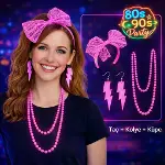 80’ler 90’lar Neon Pembe Parti Seti – Kolye Küpe Taç-1