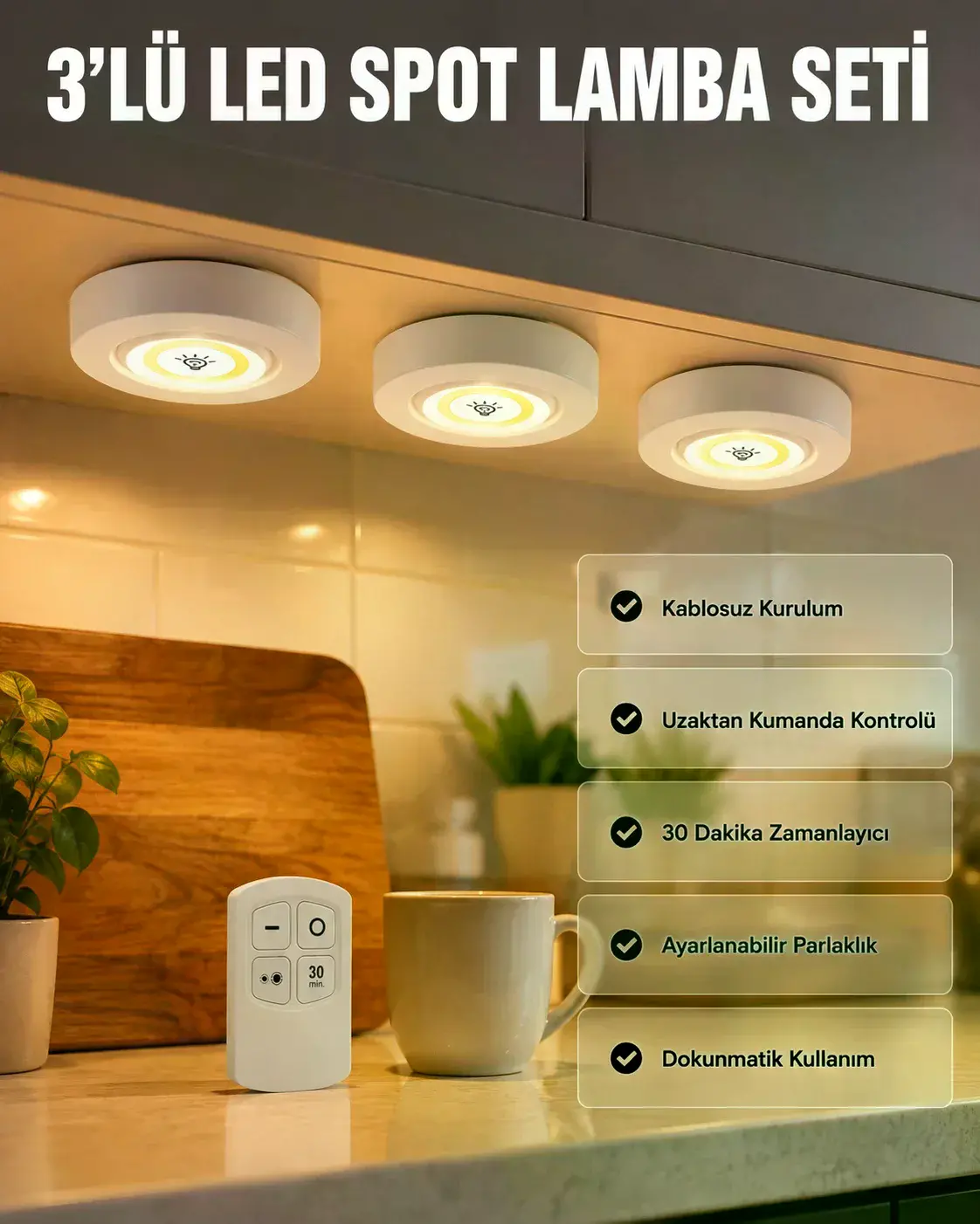 Kablosuz 3 Lü Spot Led Lamba Seti Uzaktan Kumandalı Enerji Tasarruflu Aydınlatma