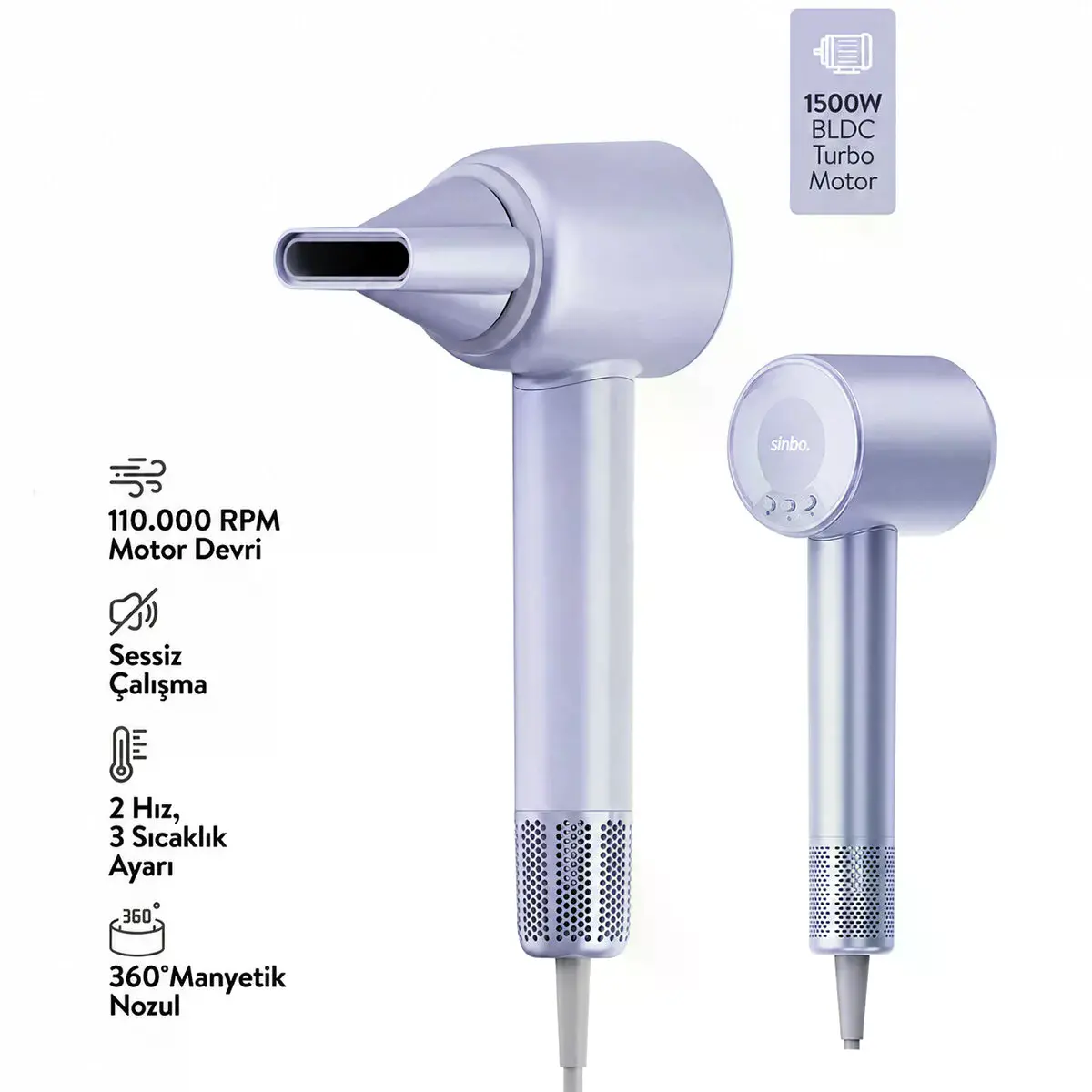 Mavi Bldc Turbo Motor Saç Kurutma - Şekil Makinesi 1500W 3-KDM.HIZ 4-KDM.ISIAYAR=SICAK-ILIK-HAFİF-SO