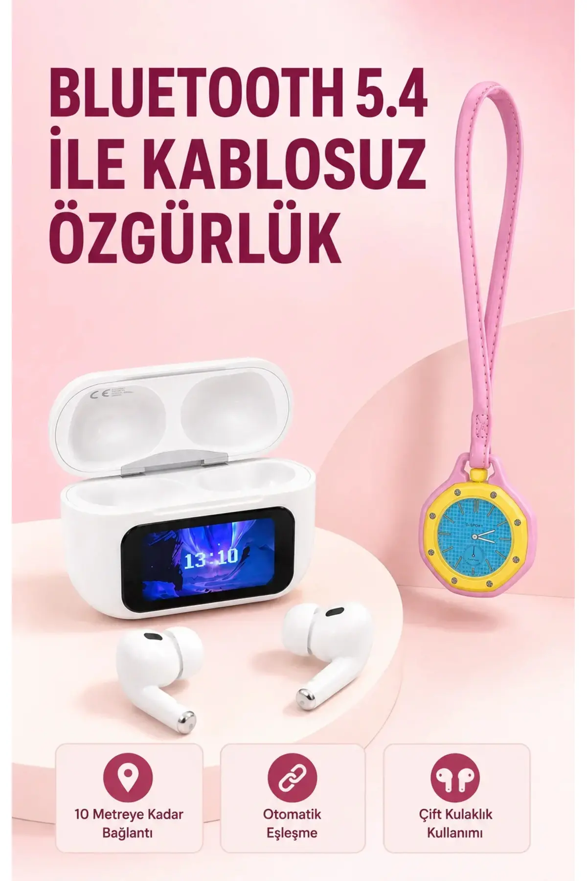 Bluetooth 5.4 Kablosuz Kulaklık Pembe Askılı og Charm Saat İkili Set