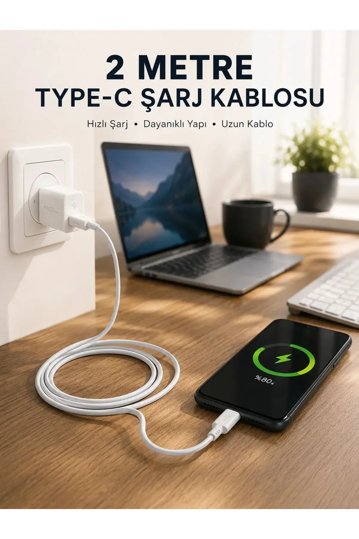 Hızlı Şarj Destekli 2 Metre Type-C Kablo