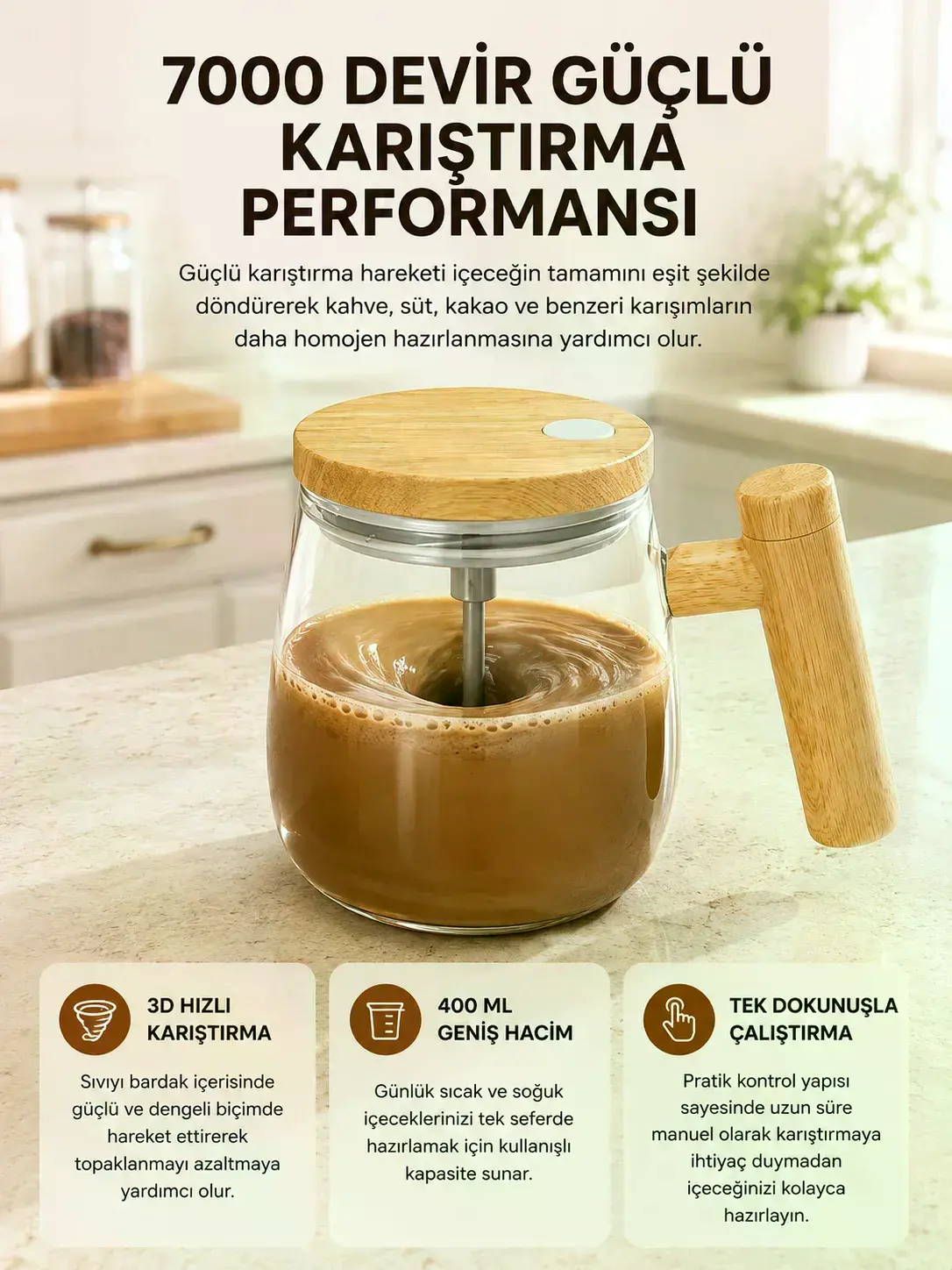 Manyetik Karıştırıcı Kupa – 400 ml, C Tipi Şarjlı, Akıllı Tasarım Yeni Nesil
