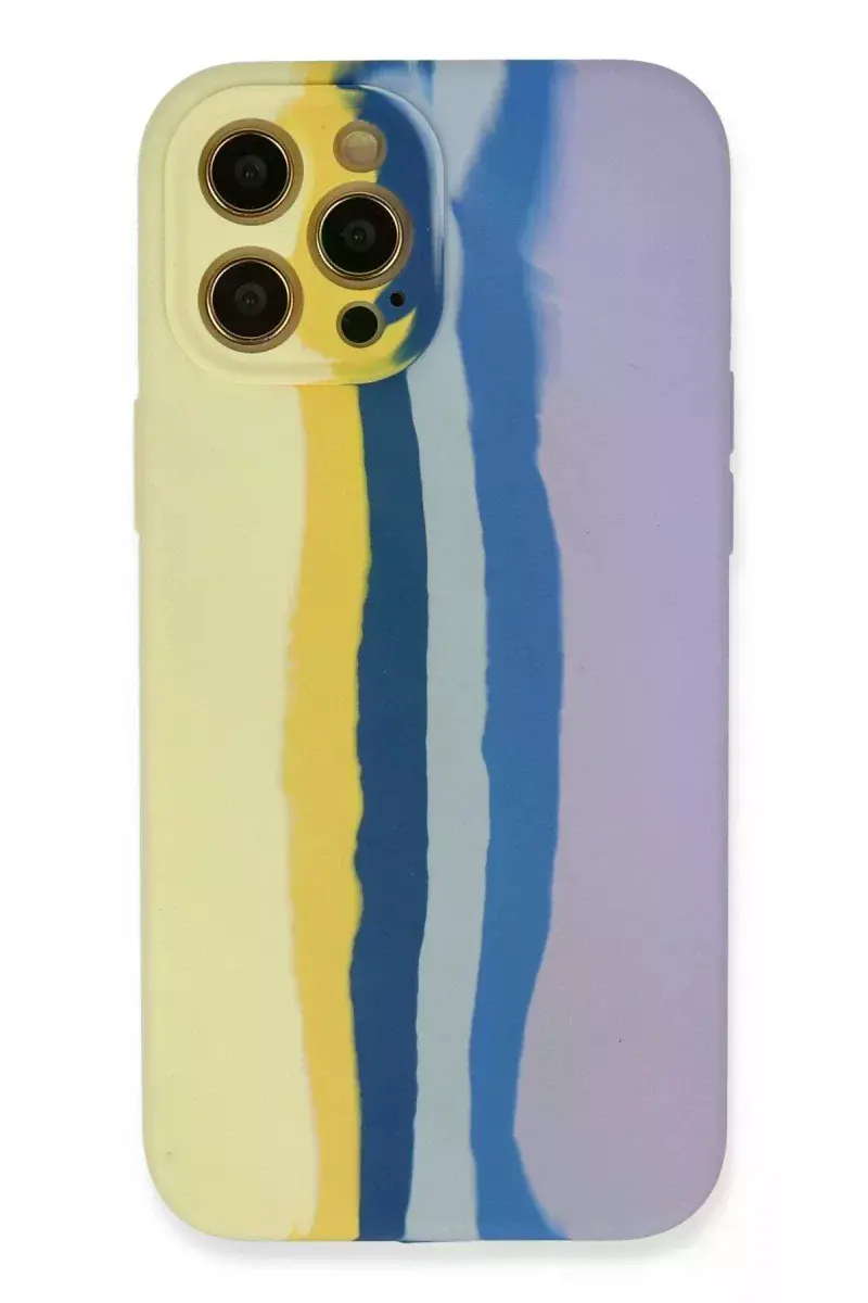 Apple iPhone 12 Pro Max Kılıf Ebruli Lansman Silikon - Sarı-Lila