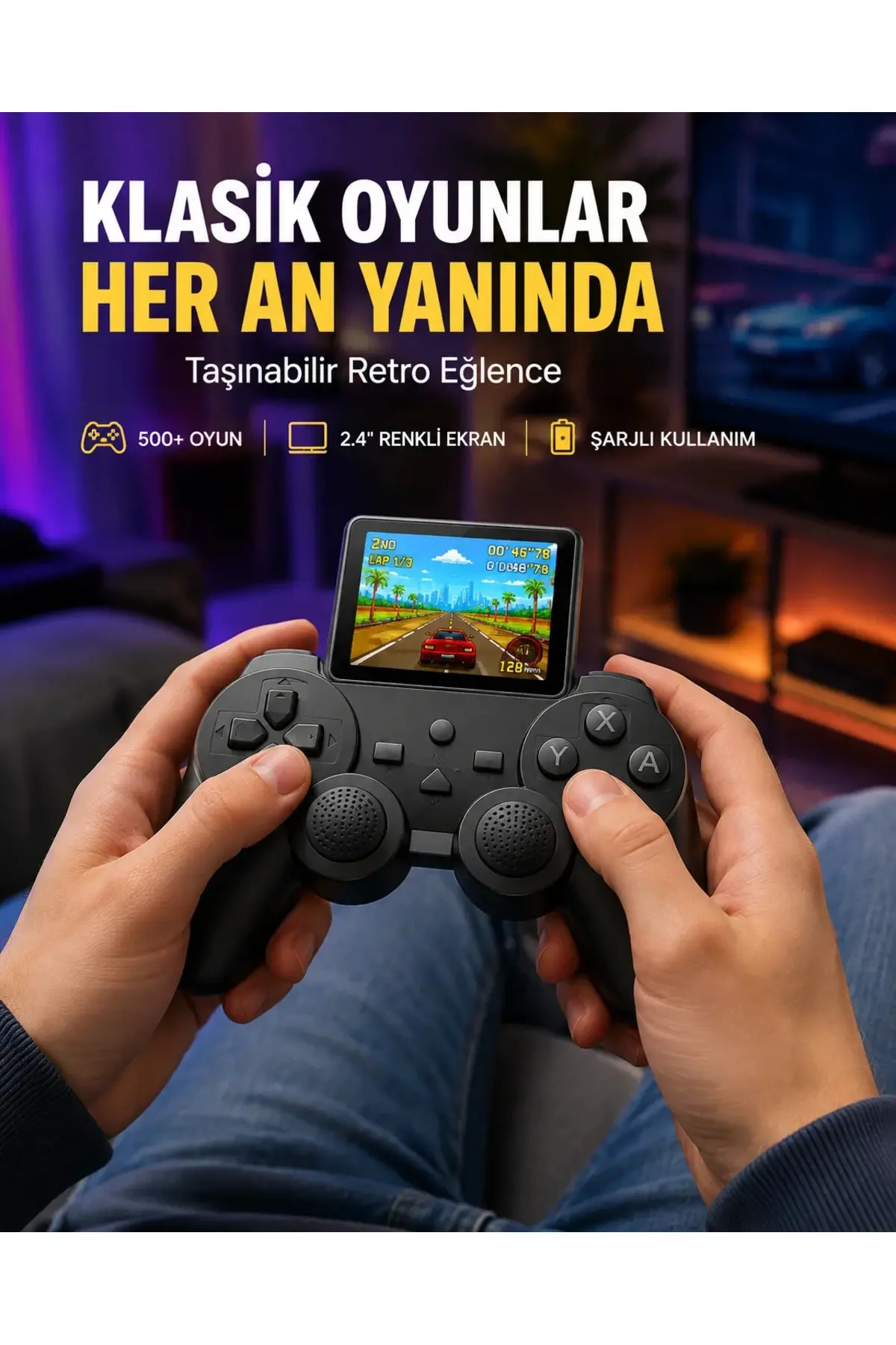 500 Dahili Oyunlu Taşınabilir Retro El Konsolu-2.4 inç Renkli Ekranlı