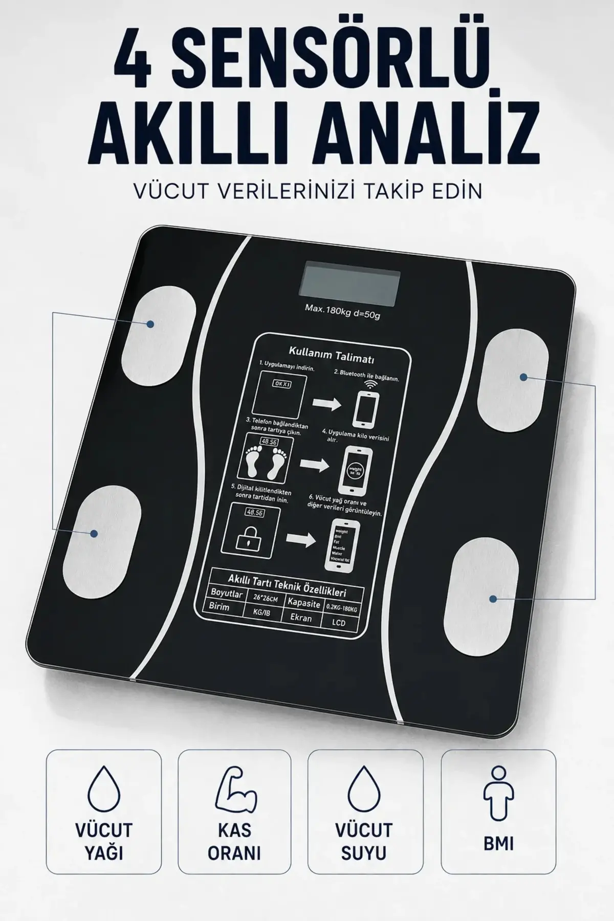Bluetooth Akıllı Tartı 180 Kg Kapasiteli Vücut Yağ Kas Su BMI izli Cam Baskül