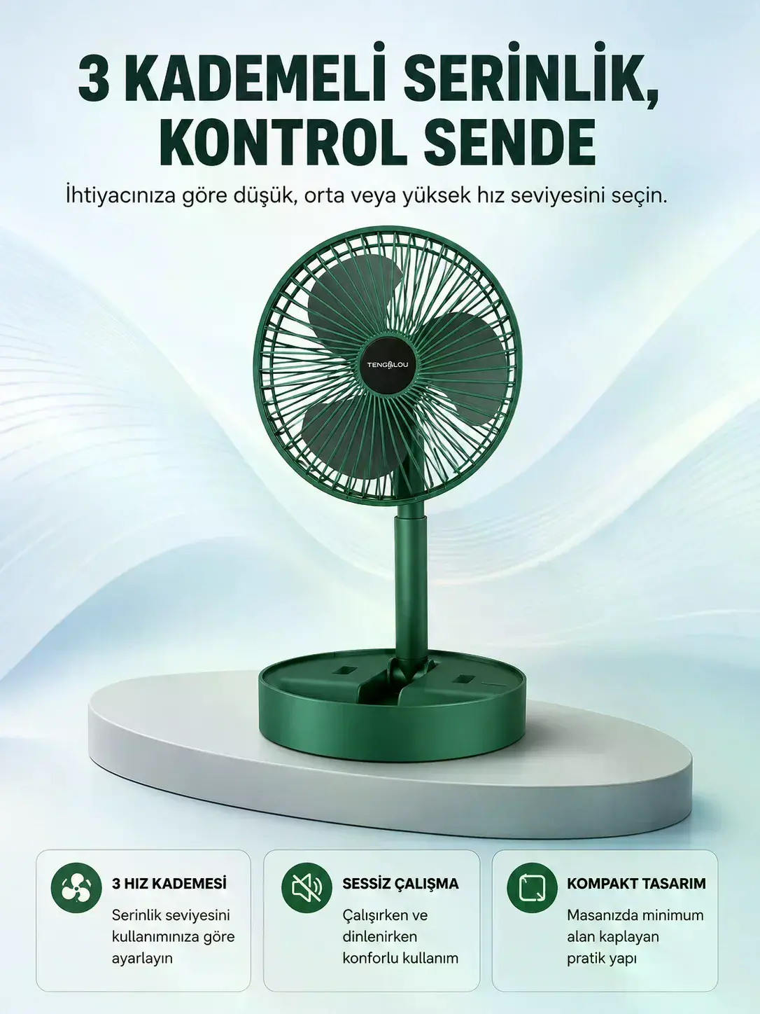 Taşınabilir Katlanabilir Mini Fan 3 Kademeli Şarj Edilebilir